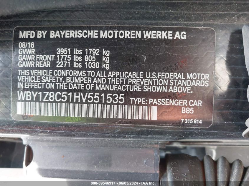 2017 BMW I3 94 Ah W/Range Extender VIN: WBY1Z8C51HV551535 Lot: 39546917