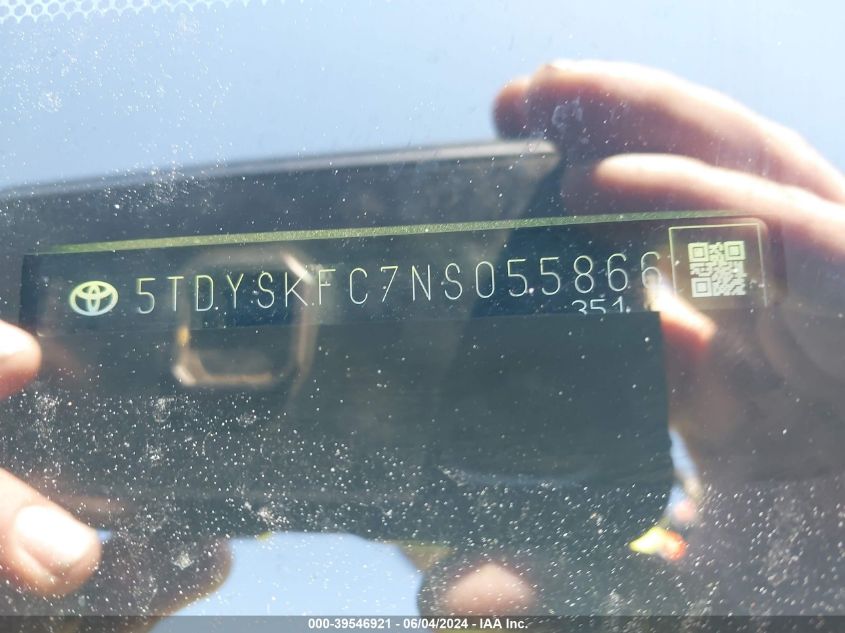 2022 Toyota Sienna Xle VIN: 5TDYSKFC7NS055866 Lot: 39546921