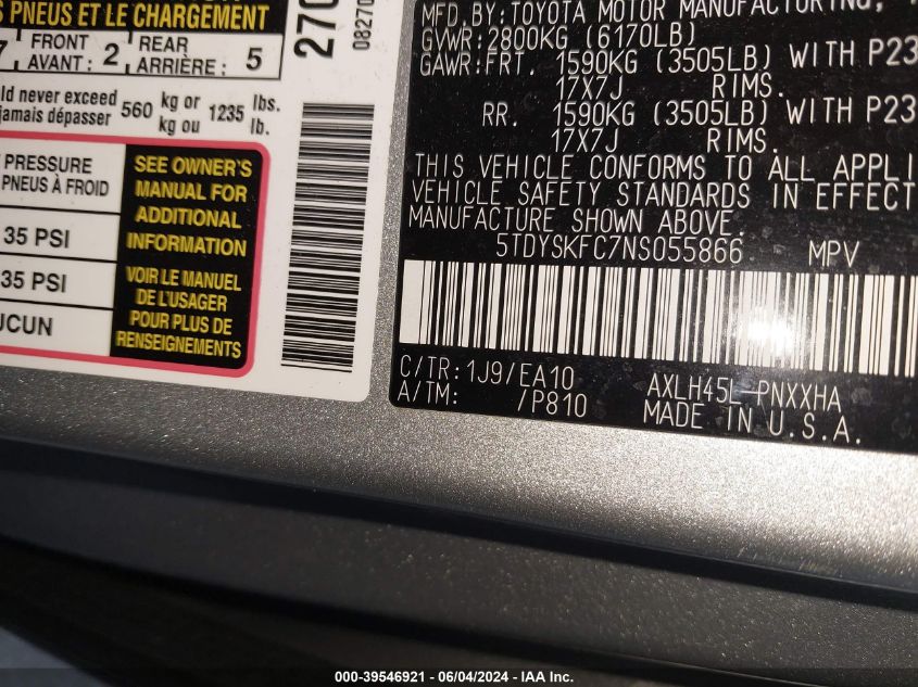 2022 Toyota Sienna Xle VIN: 5TDYSKFC7NS055866 Lot: 39546921