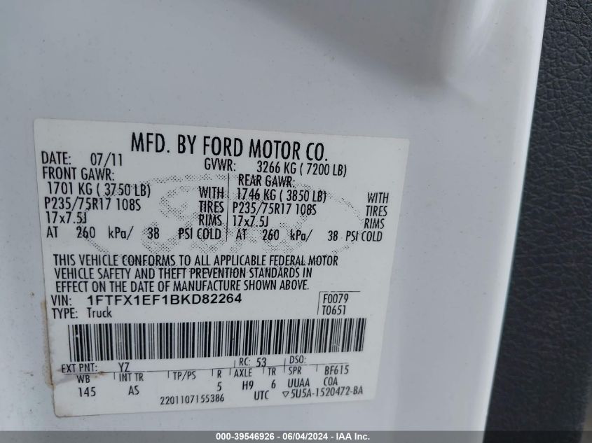 2011 Ford F-150 Xl VIN: 1FTFX1EF1BKD82264 Lot: 39546926