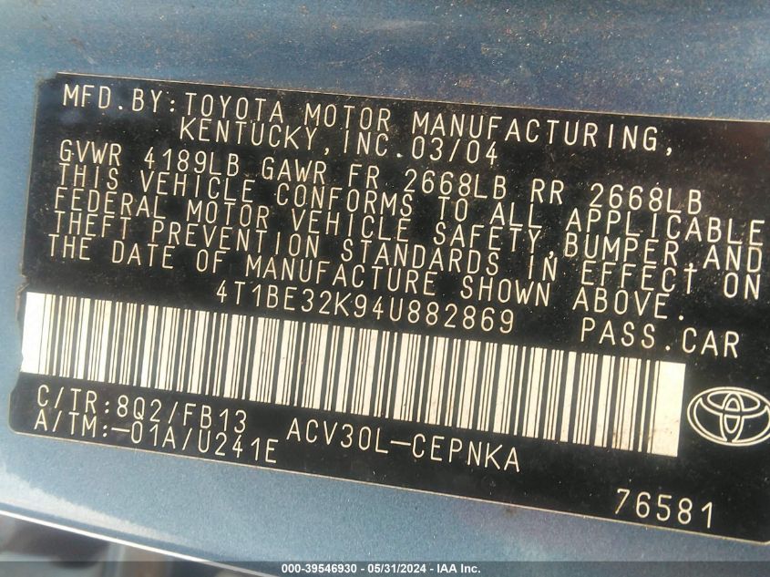 2004 Toyota Camry Le VIN: 4T1BE32K94U882869 Lot: 39546930