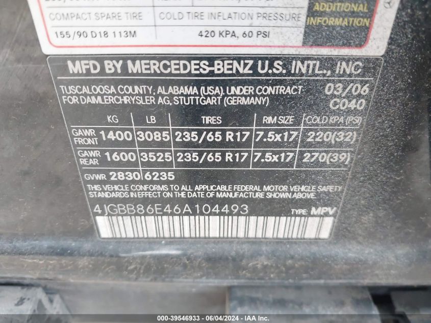 2006 Mercedes-Benz Ml 350 4Matic VIN: 4JGBB86E46A104493 Lot: 39546933