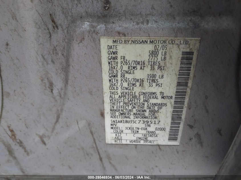 2005 Nissan Pathfinder Se VIN: 5N1AR18U35C739517 Lot: 39546934