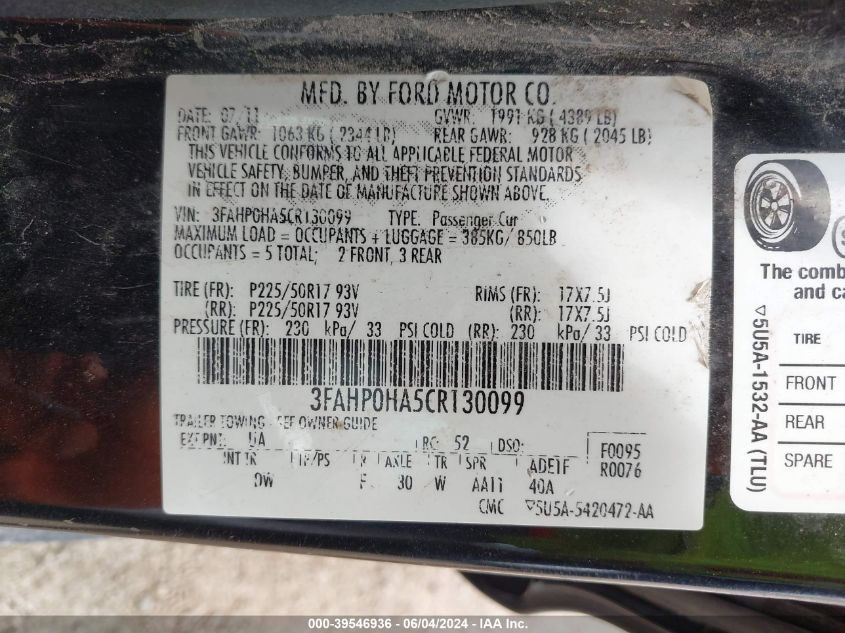 2012 Ford Fusion Se VIN: 3FAHP0HA5CR130099 Lot: 39546936