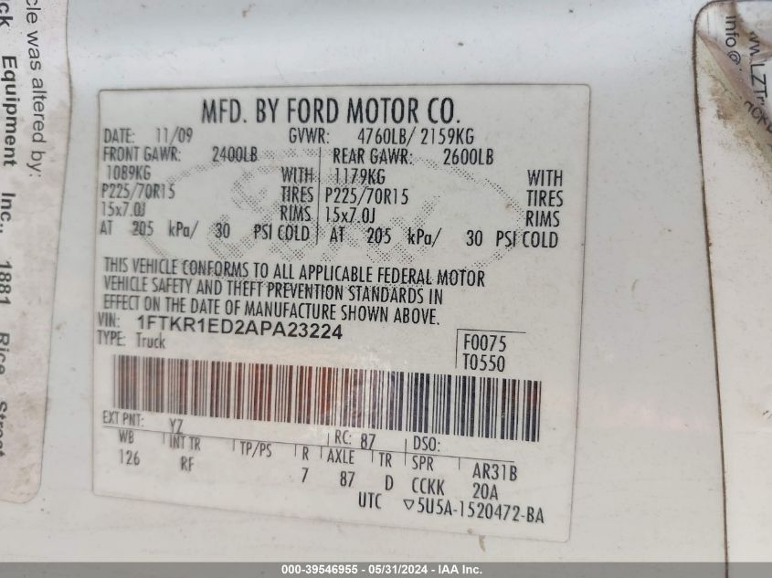 2010 Ford Ranger Xl/Xlt VIN: 1FTKR1ED2APA23224 Lot: 39546955