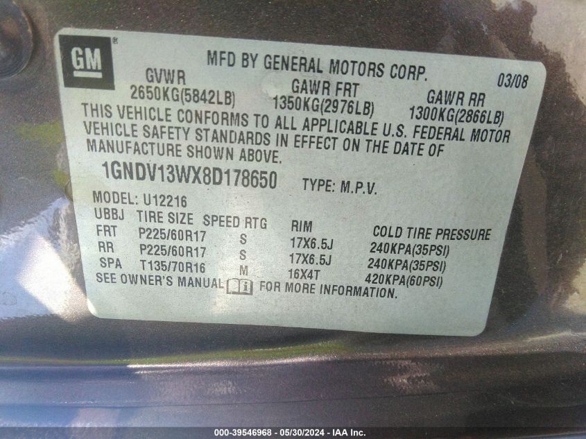 2008 Chevrolet Uplander Cargo VIN: 1GNDV13WX8D178650 Lot: 39546968