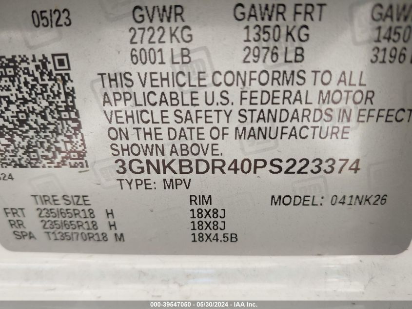 2023 Chevrolet Blazer Fwd 3Lt VIN: 3GNKBDR40PS223374 Lot: 39547050