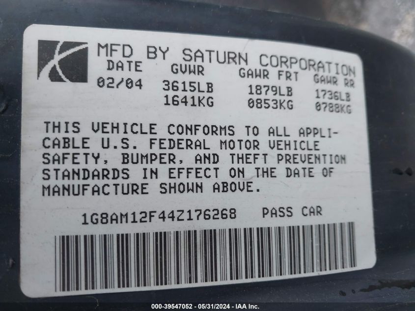 2004 Saturn Ion 2 VIN: 1G8AM12F44Z176268 Lot: 39547052