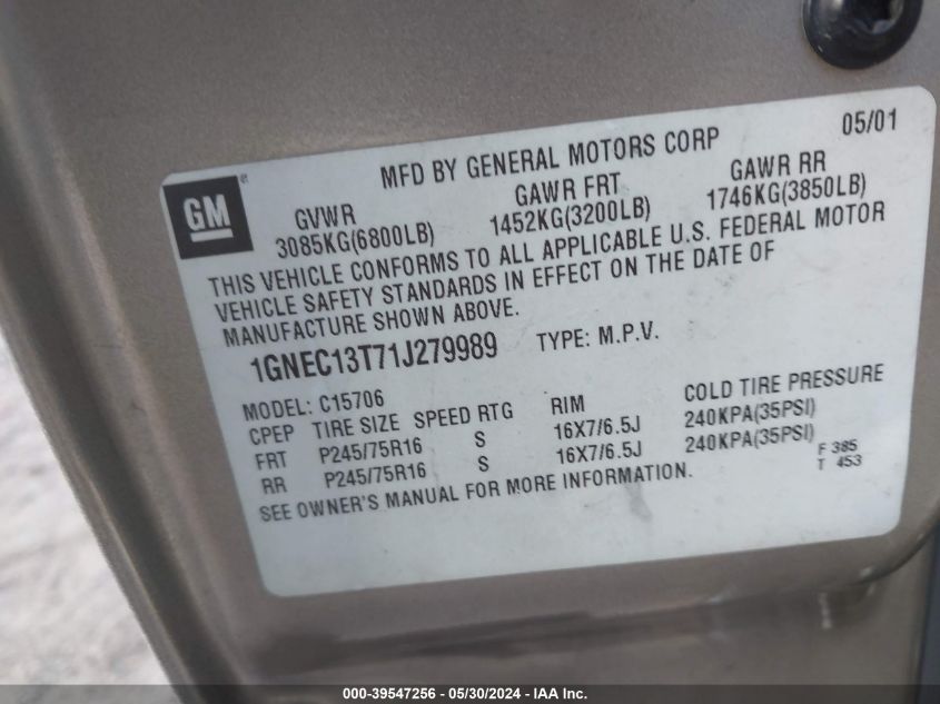 2001 Chevrolet Tahoe Lt VIN: 1GNEC13T71J279989 Lot: 40625949