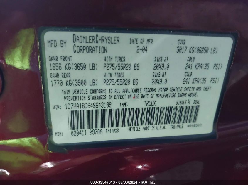 2004 Dodge Ram 1500 Slt/Laramie VIN: 1D7HA18D84S643189 Lot: 39547313