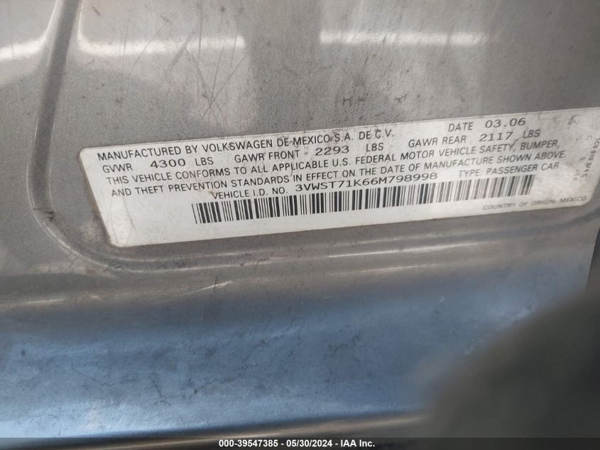 2006 Volkswagen Jetta Tdi VIN: 3VWST71K66M798998 Lot: 39547385