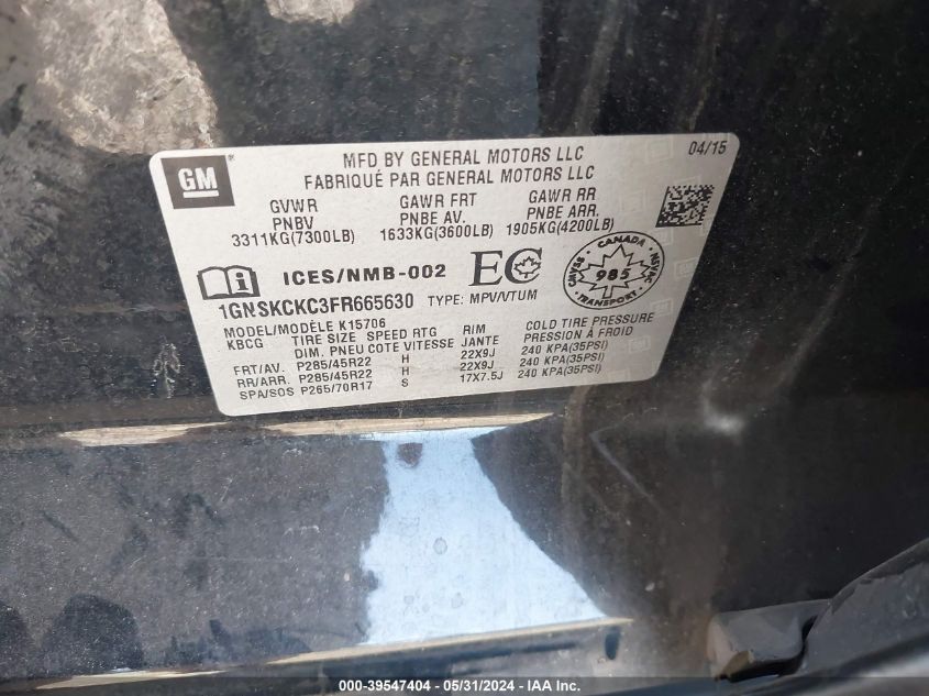 2015 Chevrolet Tahoe K1500 Ltz VIN: 1GNSKCKC3FR665630 Lot: 39547404