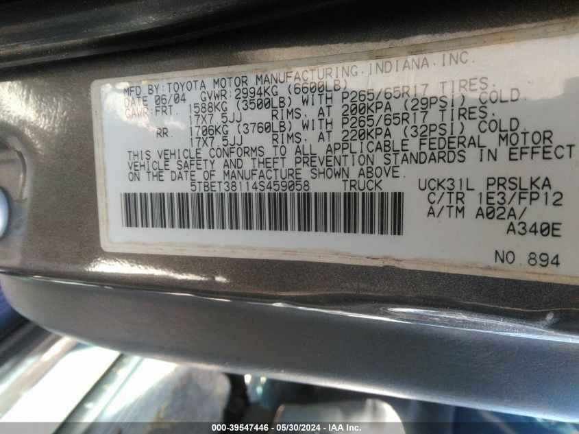 2004 Toyota Tundra Limited V8 VIN: 5TBET38114S459058 Lot: 39547446