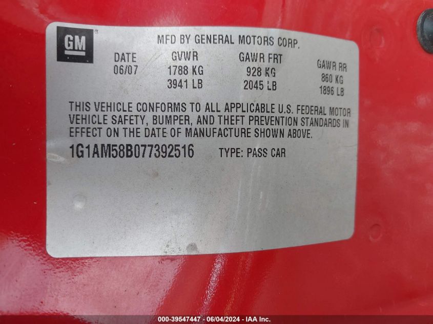 2007 Chevrolet Cobalt Ss VIN: 1G1AM58B077392516 Lot: 39547447