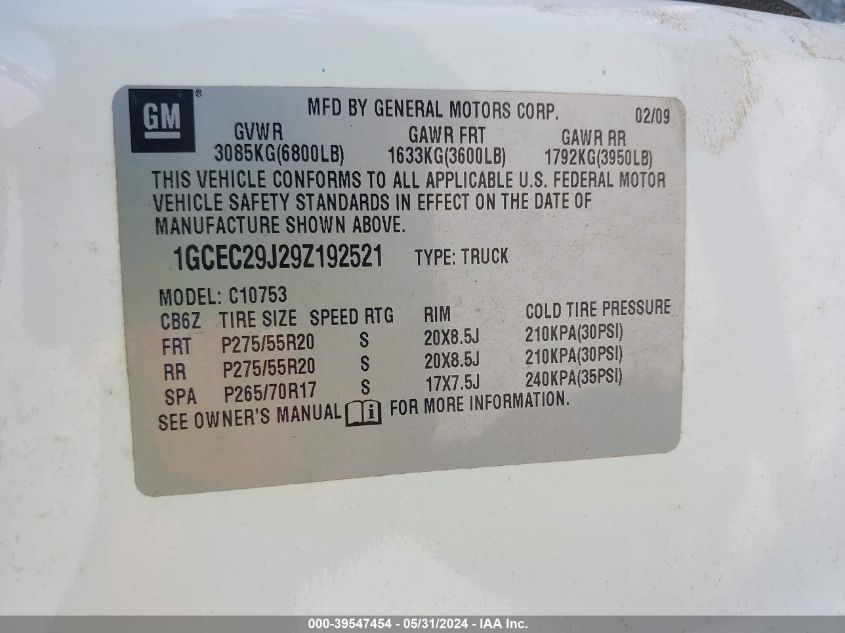 2009 Chevrolet Silverado 1500 Lt VIN: 1GCEC29J29Z192521 Lot: 39547454