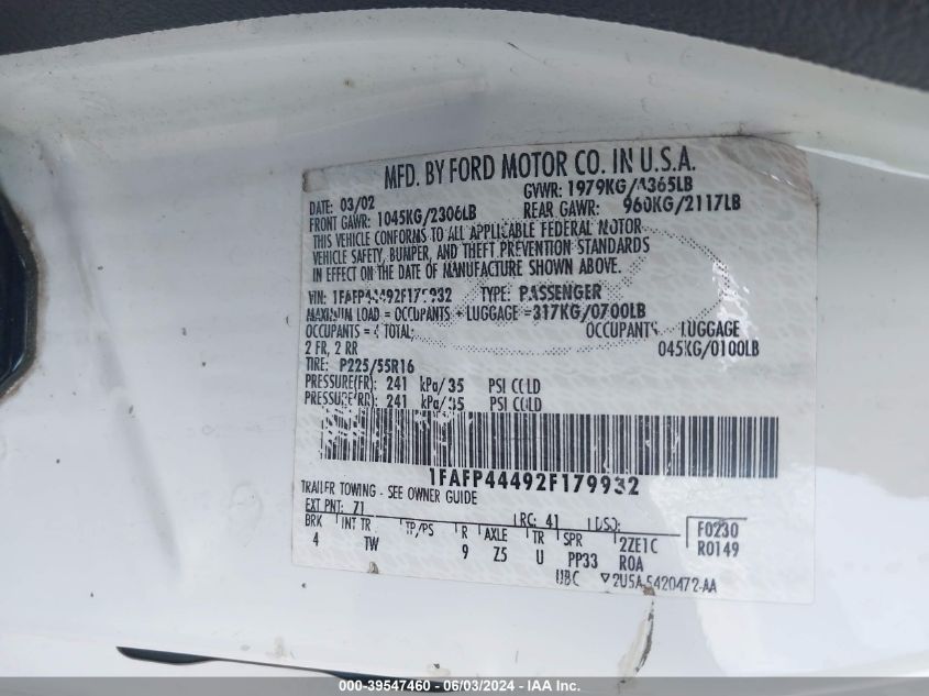 2002 Ford Mustang Deluxe/Premium VIN: 1FAFP44492F179932 Lot: 39547460