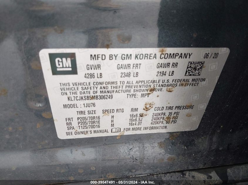 2021 Chevrolet Trax Fwd Ls VIN: KL7CJKSB5MB306249 Lot: 39547491