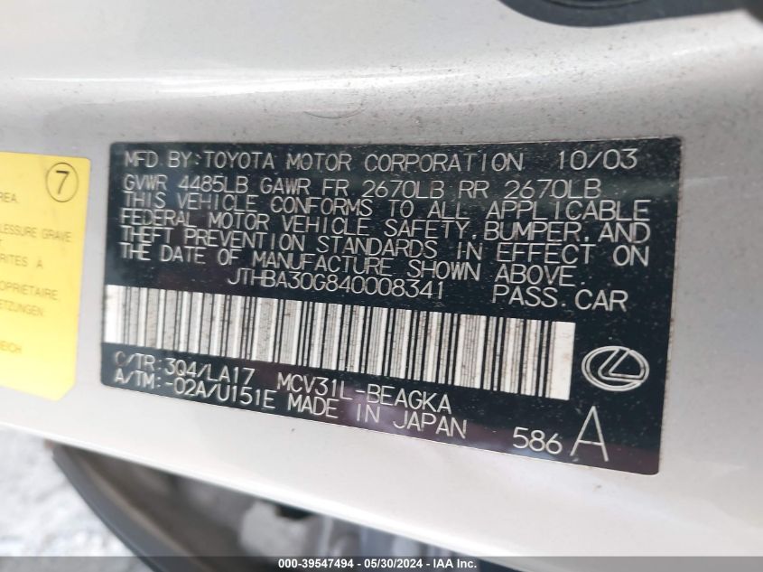 2004 Lexus Es 330 VIN: JTHBA30G840008341 Lot: 39547494