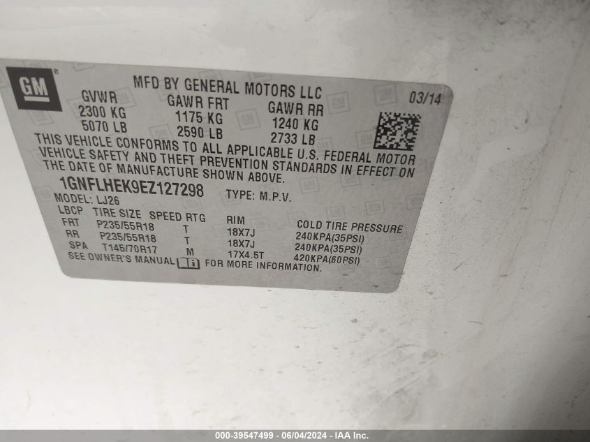 2014 Chevrolet Equinox Ltz VIN: 1GNFLHEK9EZ127298 Lot: 39547499