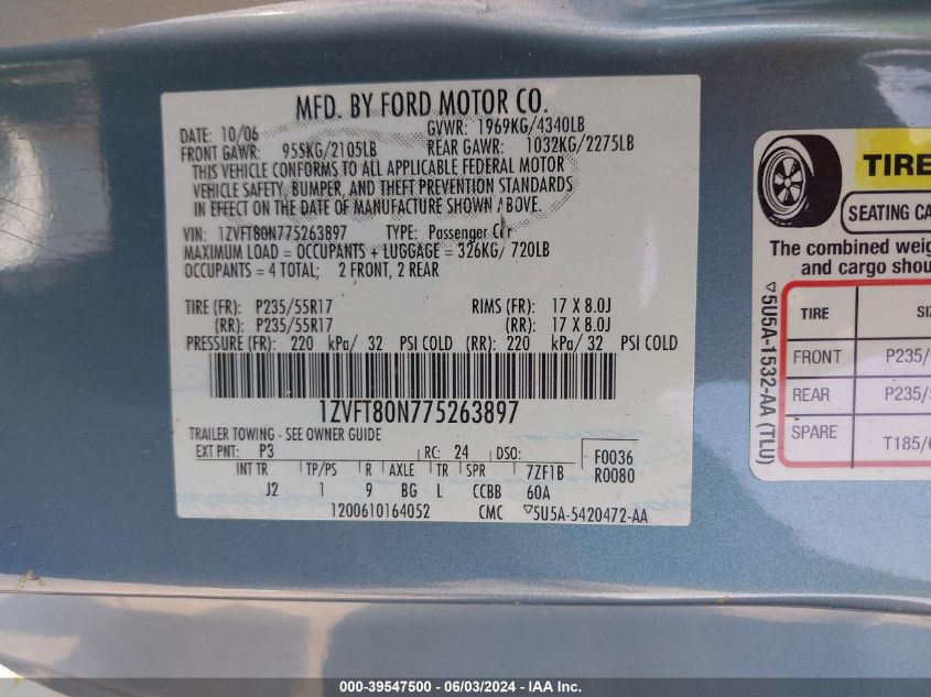 2007 Ford Mustang VIN: 1ZVFT80N775263897 Lot: 39547500