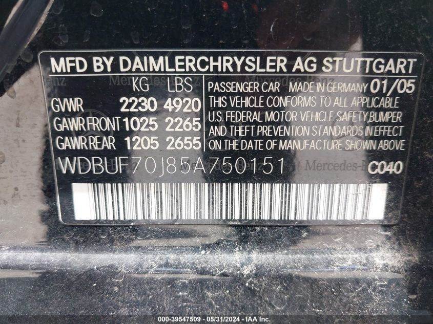 2005 Mercedes-Benz E 500 VIN: WDBUF70J85A750151 Lot: 39547509