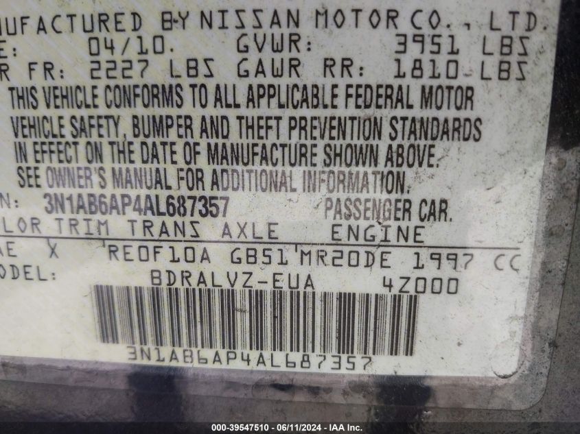 2010 Nissan Sentra 2.0Sl VIN: 3N1AB6AP4AL687357 Lot: 39547510