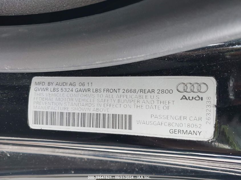 2012 Audi A7 Premium VIN: WAUSGAFC8CN018052 Lot: 39547521