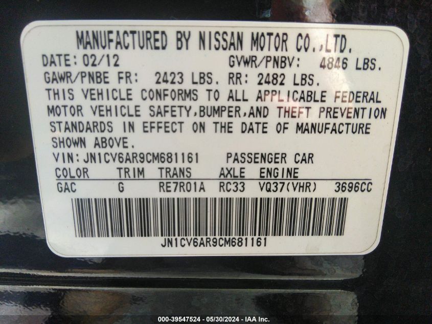 2012 Infiniti G37X VIN: JN1CV6AR9CM681161 Lot: 39547524