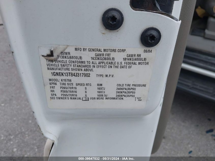 2004 Chevrolet Tahoe Lt VIN: 1GNEK13T84J317902 Lot: 39547532