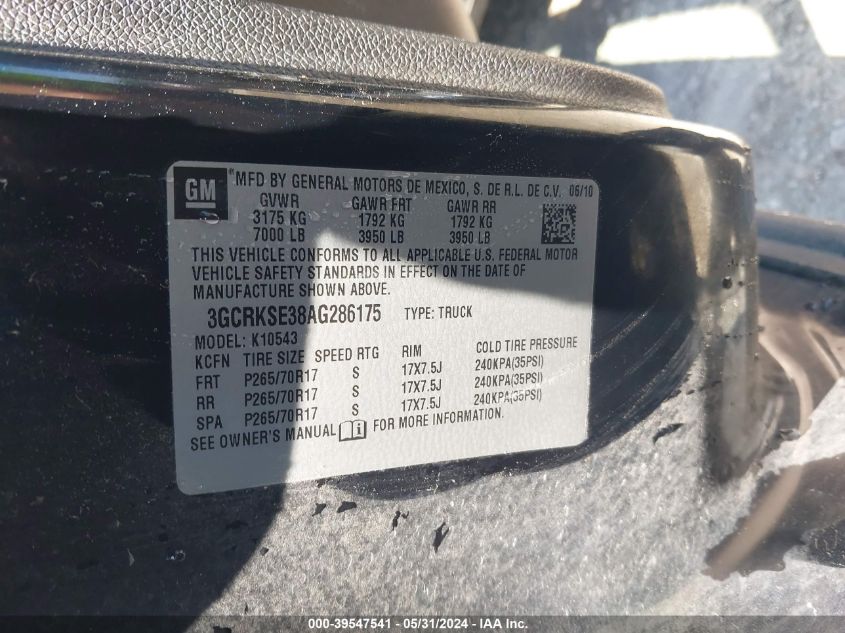 2010 Chevrolet Silverado 1500 Lt VIN: 3GCRKSE38AG286175 Lot: 39547541