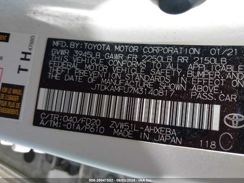 2021 Toyota Prius Le VIN: JTDKAMFU7M3140817 Lot: 39547552