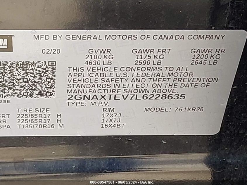 2020 CHEVROLET EQUINOX AWD 2FL - 2GNAXTEV7L6228635