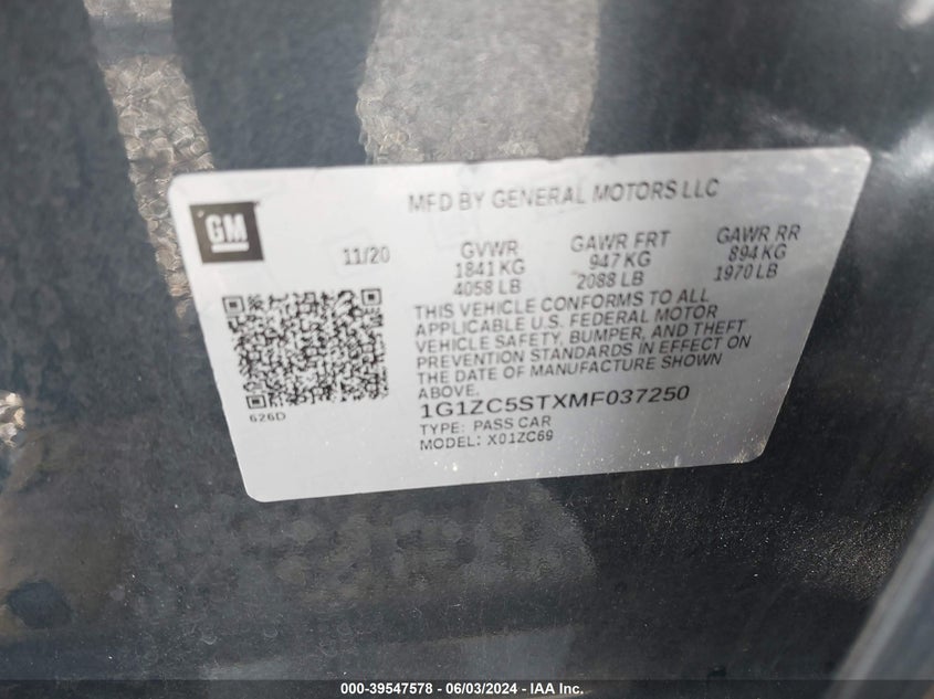 2021 Chevrolet Malibu Fwd 1Fl VIN: 1G1ZC5STXMF037250 Lot: 39547578