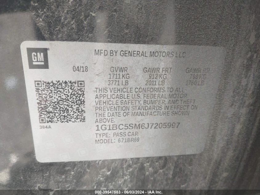 2018 Chevrolet Cruze Ls Auto VIN: 1G1BC5SM6J7205997 Lot: 39547583