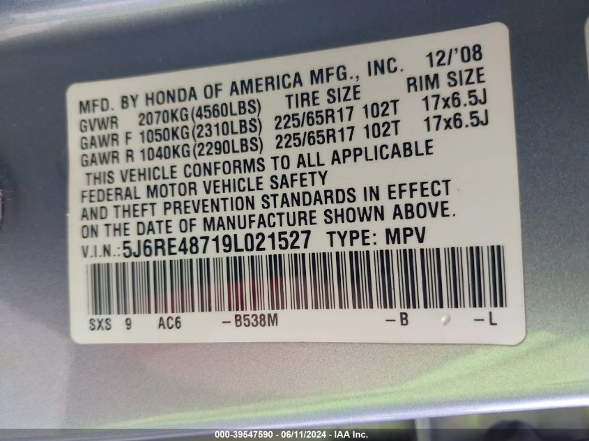 2009 Honda Cr-V Ex-L VIN: 5J6RE48719L021527 Lot: 39547590