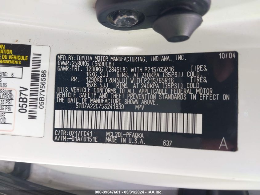 2005 Toyota Sienna Xle VIN: 5TDZA22C75S241839 Lot: 39547601