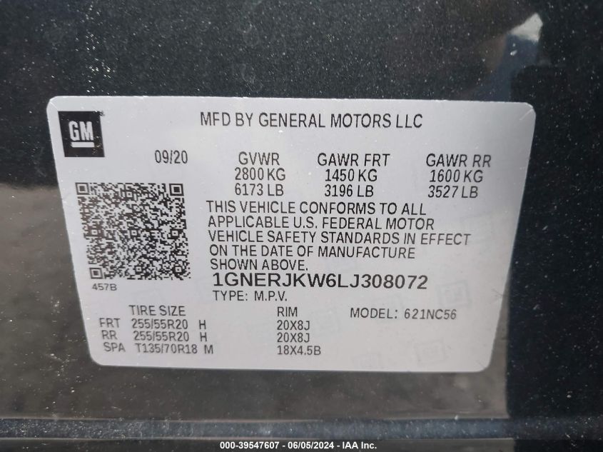 2020 Chevrolet Traverse Fwd Rs VIN: 1GNERJKW6LJ308072 Lot: 39547607