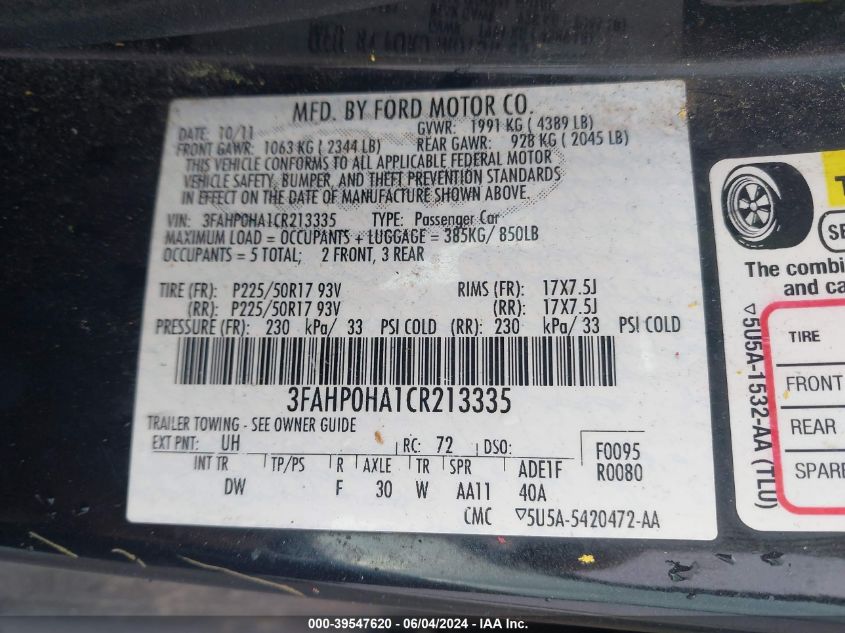 2012 Ford Fusion Se VIN: 3FAHP0HA1CR213335 Lot: 39547620