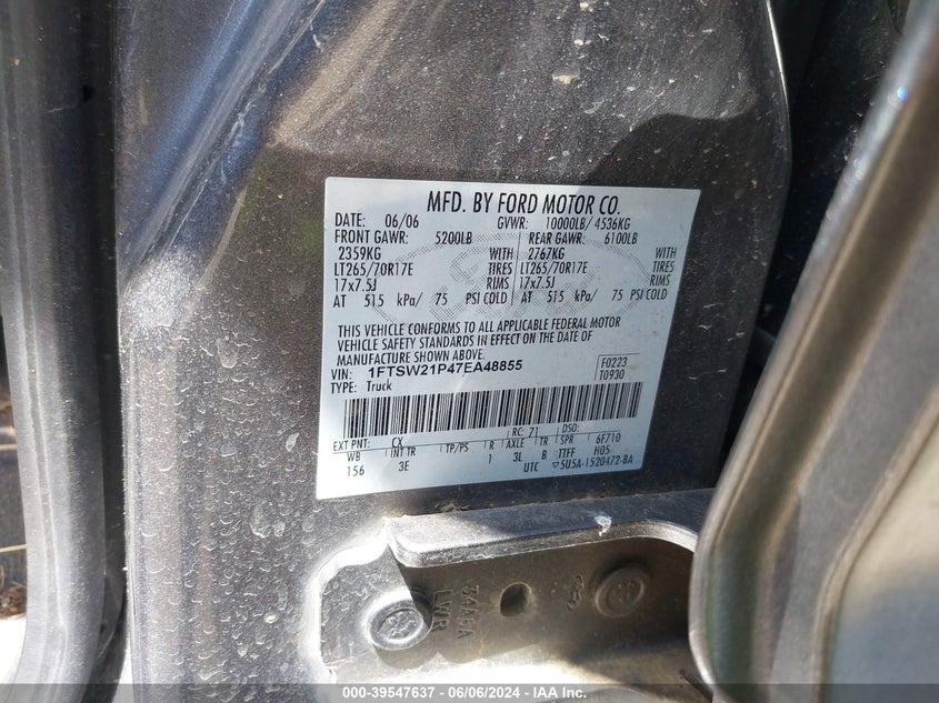 2007 Ford F-250 Lariat/Xl/Xlt VIN: 1FTSW21P47EA48855 Lot: 39547637