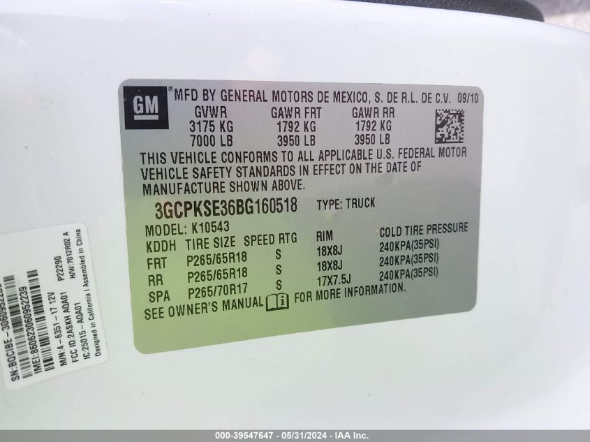 2011 Chevrolet Silverado 1500 Lt VIN: 3GCPKSE36BG160518 Lot: 39547647