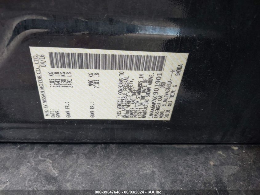 2016 Nissan Maxima 3.5 Sl VIN: 1N4AA6AP7GC901901 Lot: 39547648