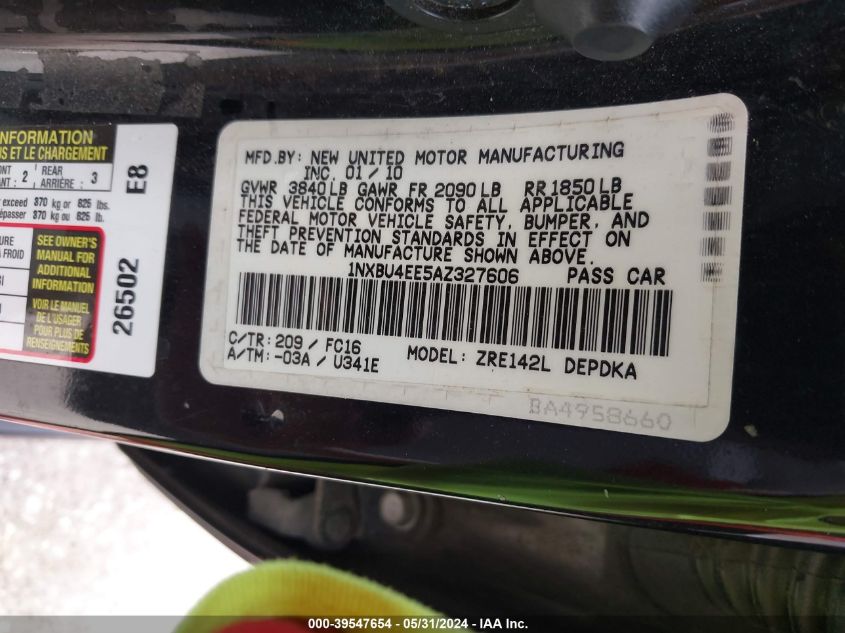 2010 Toyota Corolla Le VIN: 1NXBU4EE5AZ327606 Lot: 39547654