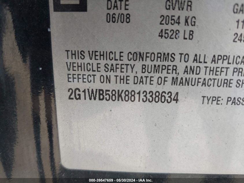 2008 Chevrolet Impala Ls VIN: 2G1WB58K881338634 Lot: 39547659