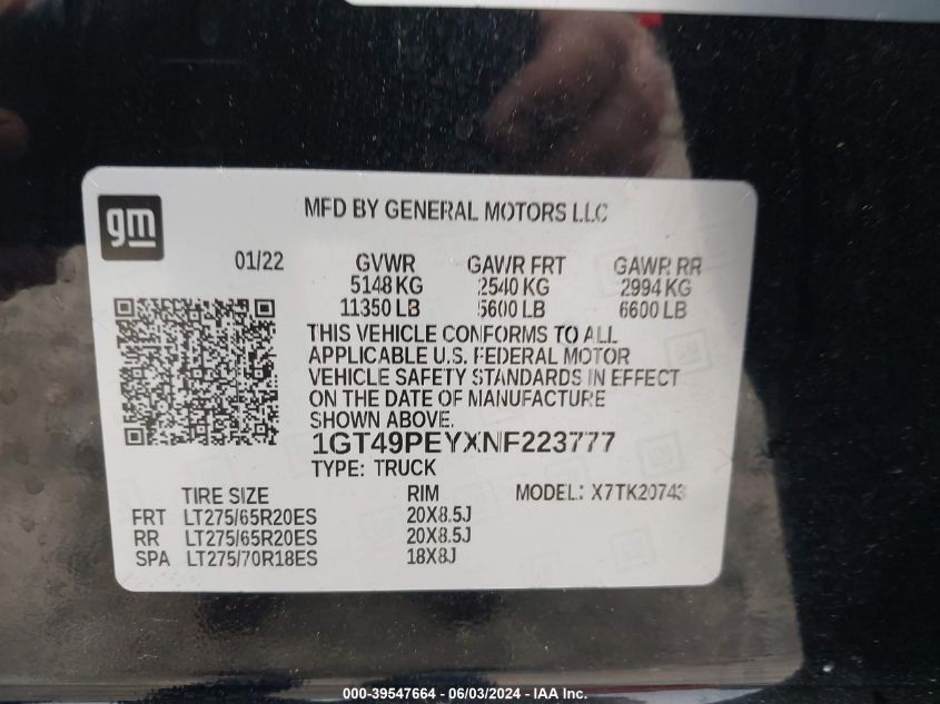 2022 GMC Sierra 2500Hd 4Wd Standard Bed At4 VIN: 1GT49PEYXNF223777 Lot: 39547664