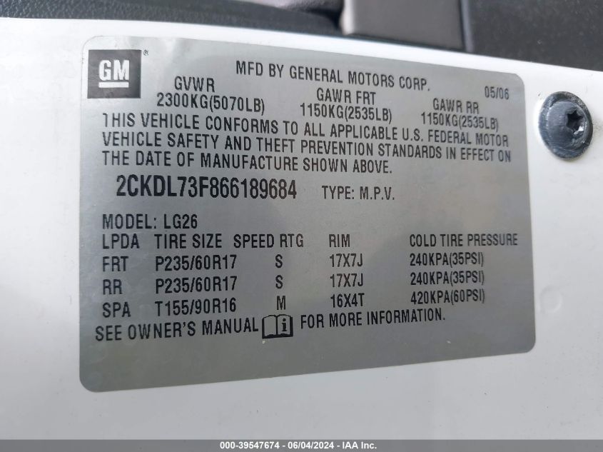 2006 Pontiac Torrent VIN: 2CKDL73F866189684 Lot: 39547674