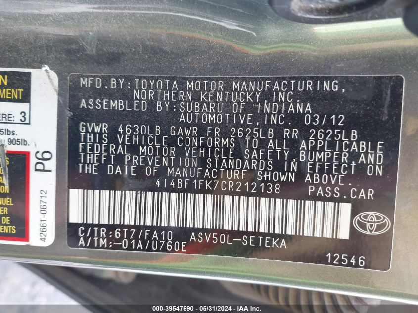 4T4BF1FK7CR212138 2012 Toyota Camry L