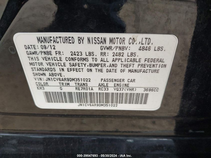 2013 Infiniti G37X VIN: JN1CV6AR9DM351022 Lot: 39547693