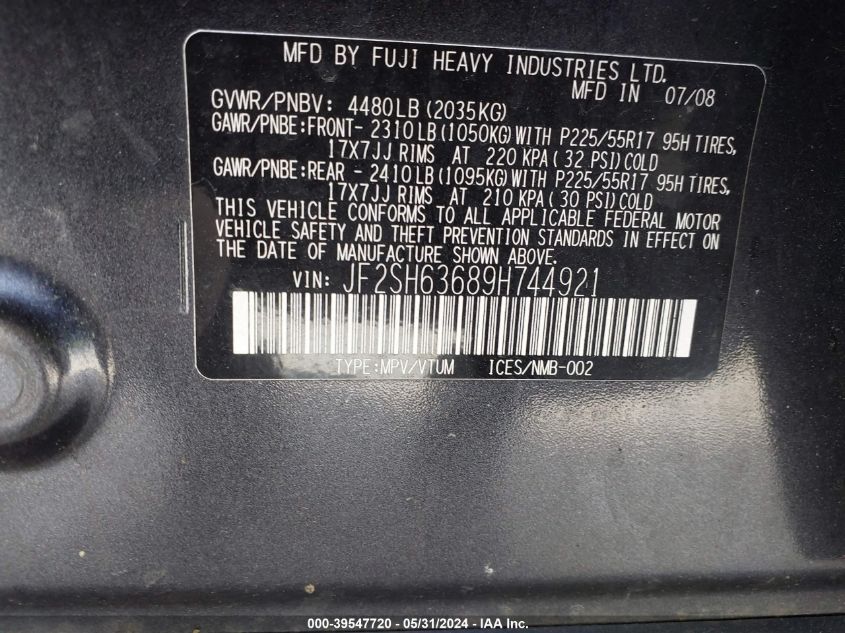2009 Subaru Forester 2.5X VIN: JF2SH63689H744921 Lot: 39547720