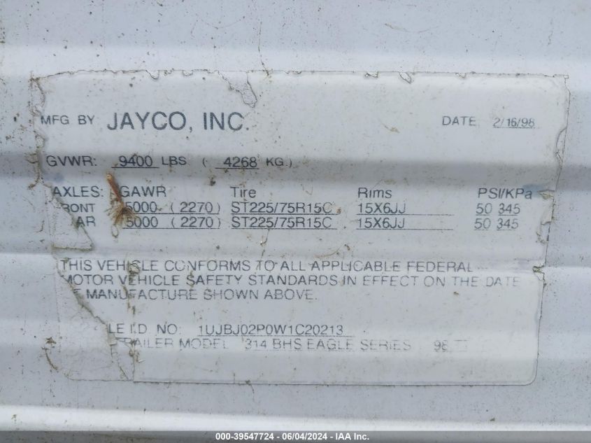 1998 Jayco Other VIN: 1UJDJ02P0W1C20213 Lot: 40482470