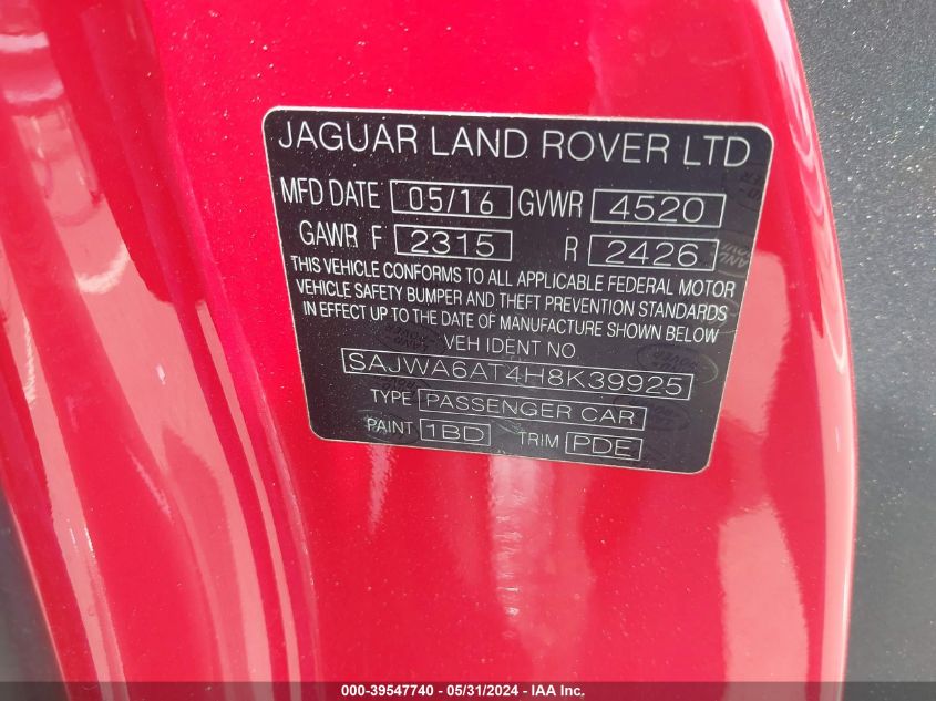2017 Jaguar F-Type VIN: SAJWA6AT4H8K39925 Lot: 39547740